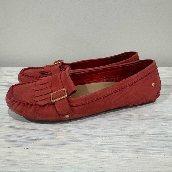 UGG Women’s Dempsey Scarlett Red Nubuck Fringe Buckle Loafers Size 12 - Picture 1 of 14